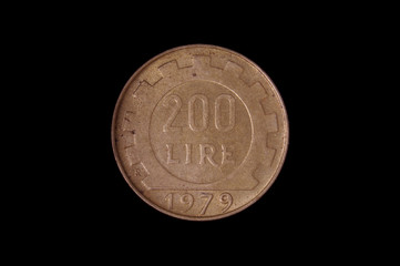 200 Lire Italy coin isolated on the dark background 1979 years