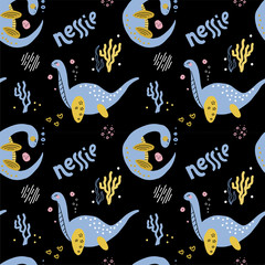 Cute childish seamless vector pattern with Loch ness monster. Vector cute cartoon hand drawn nessie on black background. Loch nessie on the seabed among the algae. Dino sleeps with egg.