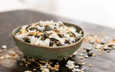 Simple Snack Mix of Roasted pumpkinSeeds and Coconut Flakes