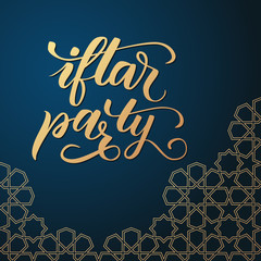 Ramadan greeting card on blue background. Iftar party modern brush calligraphy. Vector illustration.