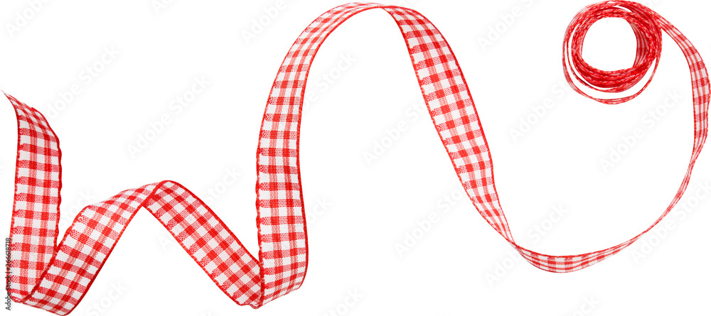 Wall mural red check ribbon curl isolated on white background. red plaid ribbon bow and curl isolated on white 