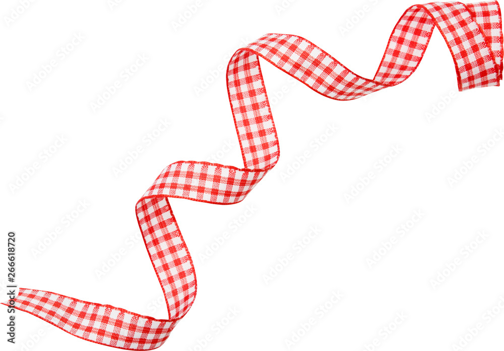 Wall mural red check ribbon curl isolated on white background. red plaid ribbon bow and curl isolated on white 