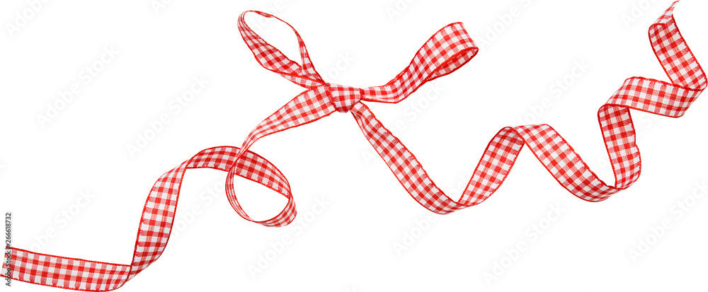 Wall mural red check ribbon curl isolated on white background. red plaid ribbon bow and curl isolated on white 