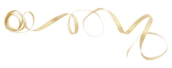 Golden ribbon curl isolated on white background. Golden ribbon bow and curl isolated on white...