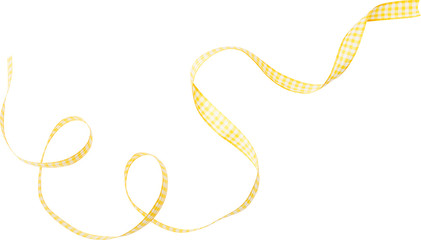Yellow check ribbon curl isolated on white background. Yellow plaid ribbon bow and curl isolated on white background