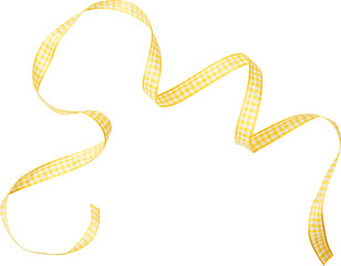 Yellow check ribbon curl isolated on white background. Yellow plaid ribbon bow and curl isolated on white background