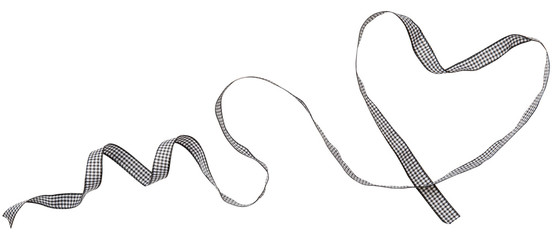 Black check ribbon curl isolated on white background. Black plaid ribbon bow and curl isolated on white background