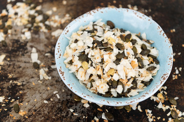 Simple Snack Mix of Roasted pumpkinSeeds and Coconut Flakes