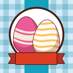 Easter eggs colorful painted checkered background round frame ribbon banner