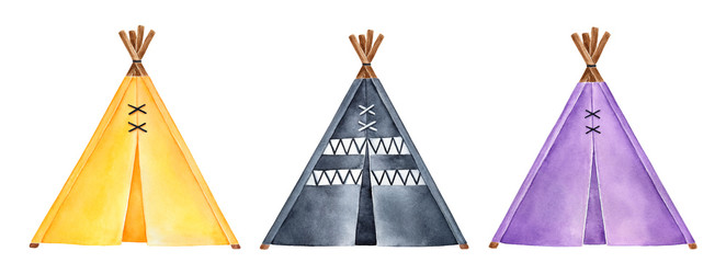 Colorful collection of cute teepee tents illustration. Various colors: yellow, black, violet. Hand drawn watercolour painting on white background, cutout clip art elements for design decoration. © Julija