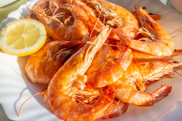 A Plate of King Prawns with Lemon.