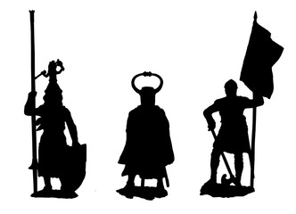 Medieval knights illustration. Set of 3 knights. Black and white silhouette.