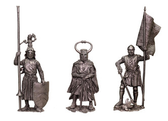 Obraz premium Tin soldiers medieval knights. Set of 3 knights. Knight with banner.