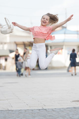 Summer holidays. Charming stylish fashionable girl. Little child enjoy walk. Happy day. Enjoy being teen. Weekend walk. Girl carefree child. Only fun on my mind. Kid long hair enjoy walk sunny day