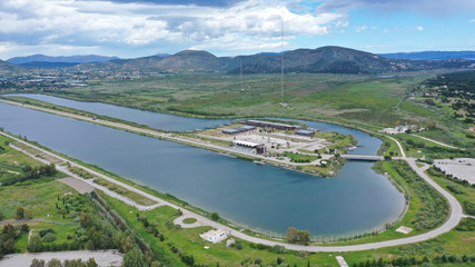 Aerial drone panoramic photo of famous Athens rowing centre in the heart of Marathon, Schinias,...