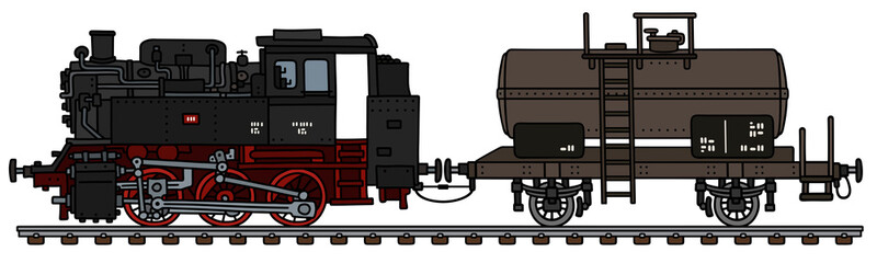 The vectorized hand drawing of a vintage black steam locomotive and tank wagon