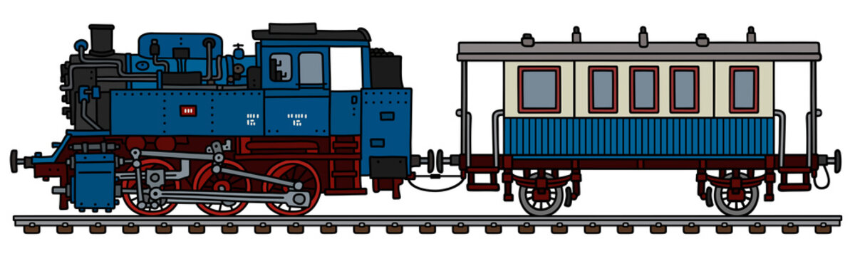 The vectorized hand drawing of a vintage blue steam locomotive and coach