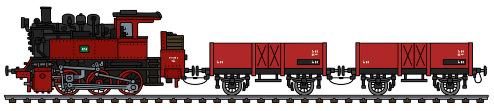 The vectorized hand drawing of a vintage red freight steam train