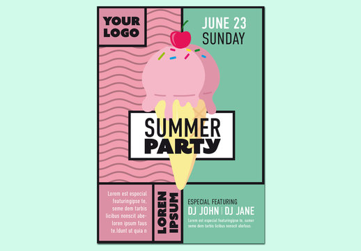 Summer Party Flyer Layout with an Ice Cream Illustration