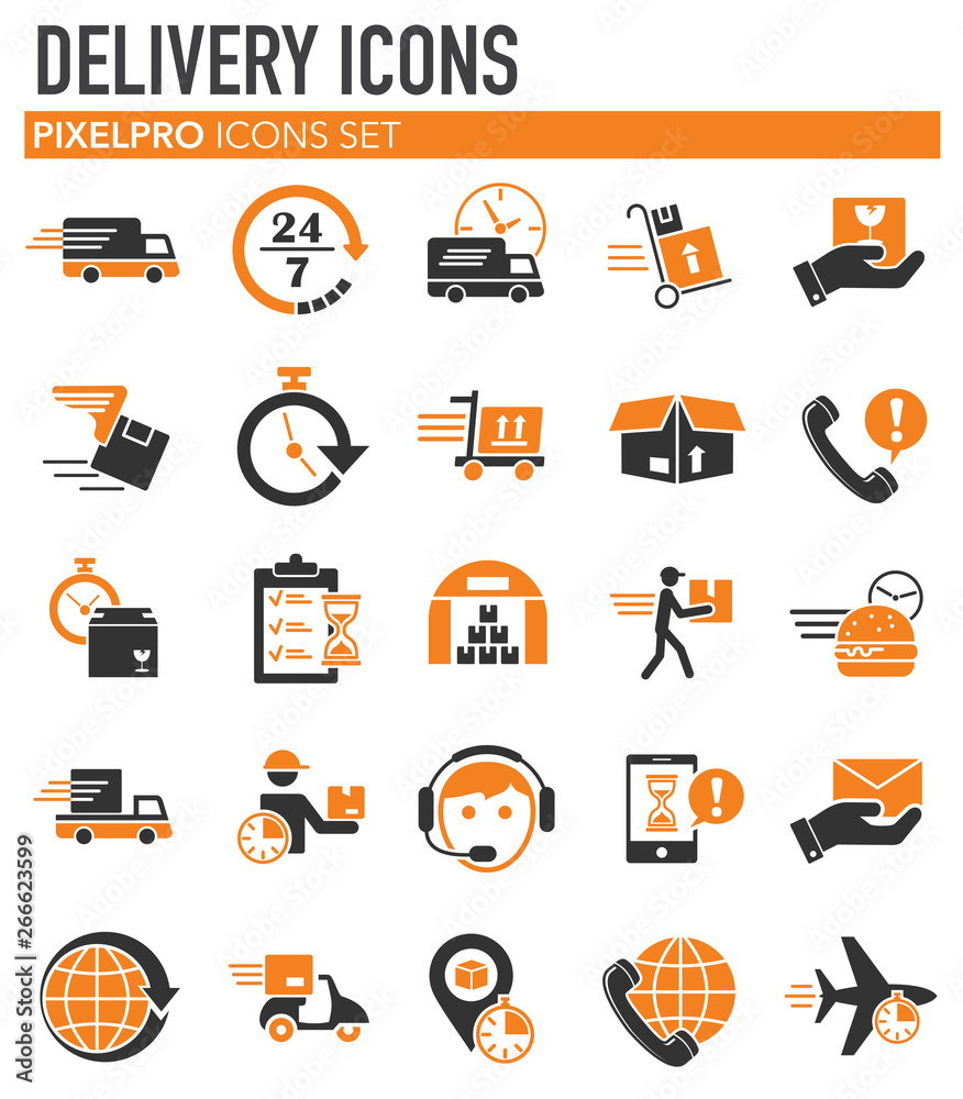 Poster delivery related icons set on white background for graphic and web design. simple vector sign. inter