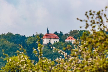 Valdstejn, Czech Republic - May 5 2019: A view of Valdstejn castle in Bohemian Paradise built in 13th century standing on a green hill, overcast blue sky. Tree in blossom in foreground.