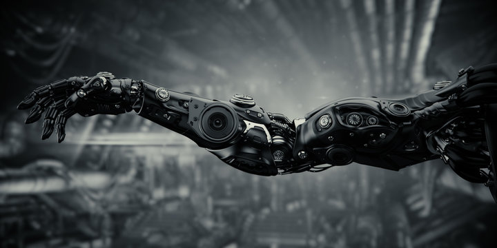 Robotic arm on sci-fi background, 3d rendering