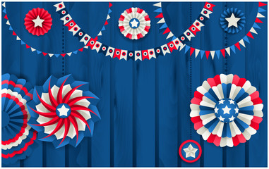 Obraz premium Patriotic template with paper pinwheels hanging on wooden fence