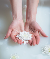 Obraz na płótnie Canvas photo female hands holding white flower in milky water with foam