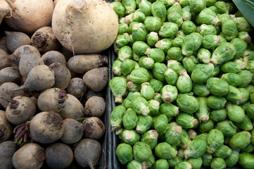 Bright Green Brussels Sprouts & Turnip Display