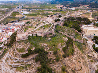 Panoramic view from drone of the castle Sagunto in summer. Valencian Community, Spain