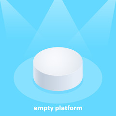 isometric vector image on a bare background, empty round platform under the light of searchlights, a pedestal for advertising