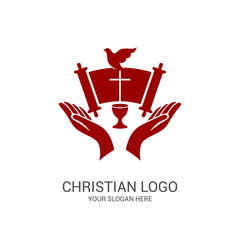 Church logo and biblical symbols. The unity of believers in Jesus Christ, the worship of God, participation in the evening of the Lord and the reading of the Holy Scriptures.
