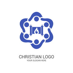 Church logo and biblical symbols. The unity of believers in Jesus Christ, the worship of God, participation in the evening of the Lord and the reading of the Holy Scriptures.