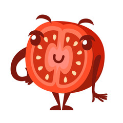 Slice of tomato. Smiling food mascot. Cartoon character design. Flat vector illustration isolated on white background