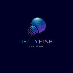 Jellyfish logo. Beautiful jellyfish on a dark background with letters. Sea symbol. UI icon.