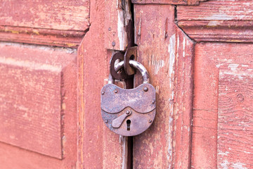 Closeup wooden door with lock