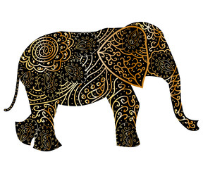 Stylized fantasy patterned elephant. Hand drawn illustration