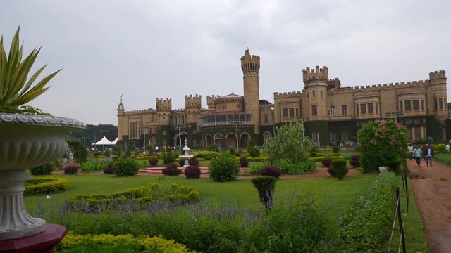 day time famous bangalore city palace front garden slow motion panorama 4k india