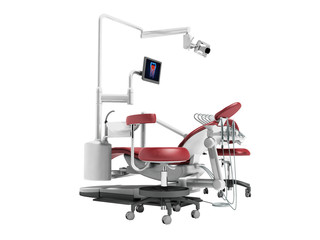 Modern red dental chair with borax with lighting and monitor for work 3d render on white background no shadow