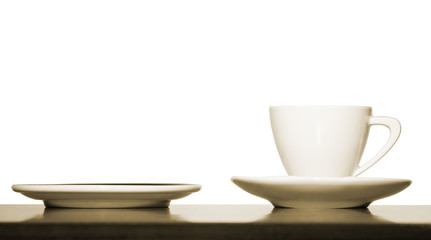 White coffee cup and plate on white background, isolates
