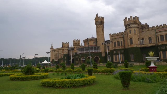 day time famous bangalore city palace front garden slow motion panorama 4k india