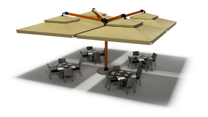 Concept of outdoor restaurant beach umbrella and tables with chairs 3d render on white background with shadow