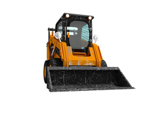 Old mini excavator with scratches on the body with bucket in front 3d render on white background no shadow