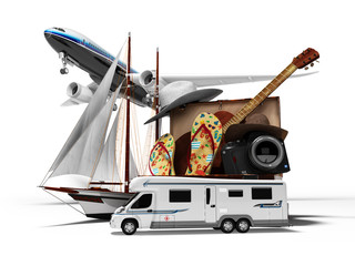 Concept tourist vacation in summer by plane boat or car for rest 3d render on white background with shadow