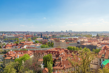 Outdoor sunny aerial top panoramic view of Prague historical old town skyline and  famous landmark...