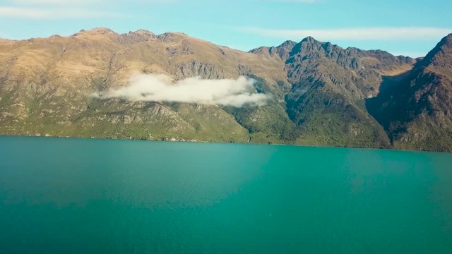 AERIAL: Water view at Devils Staircase over Lake Wakatipu, New Zealand