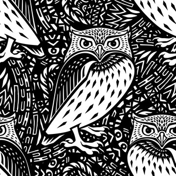Owl illustration in tribal style. Ethnic patterned illustration.