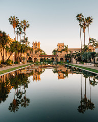 Reflections in the Lily Pond and historic architecture at Balboa Park, in San Diego, California