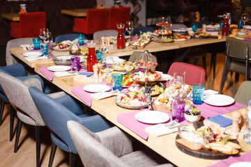 Buffet table with starters for a dinner party in a fancy restaurant