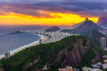 Sunset view of Copacabana beach in Rio de Janeiro. Brazil